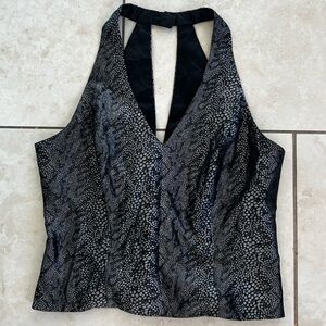 VTG Y2K Cachet Black Gray Patterned Crop Halter Top USA Women 12 Babydoll Event